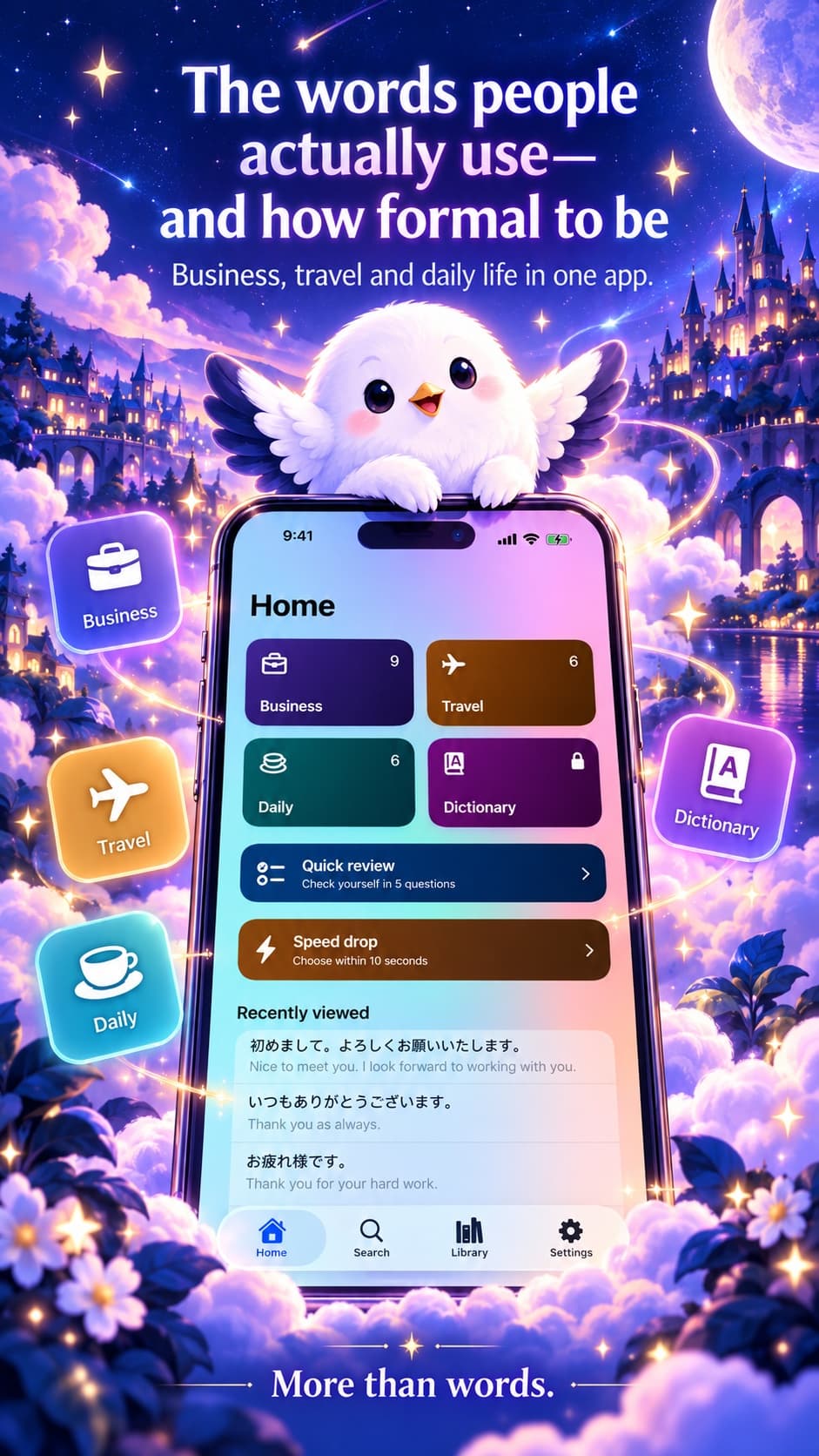 PhraseFit home screen with the line “The words people actually use—and how formal to be”
